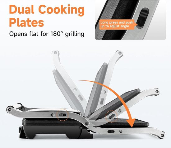 Contact Grill - Panini Grill - Plaque supérieure flottante - Revêtement antiadhésif - 2000W - Température réglable - 30 x 24cm - Zwart/ Inox