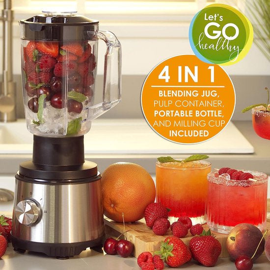 Royalty Line Extracteur de Jus 4 en 1 - Blender / Hachoir / Moulin à Café - Extracteur de Fruits et Légumes - Extracteur de Jus avec Tasse à Jus de 1 Litre et Réservoir de Pulpe de 2 Litres - Power Juicer à 3 Vitesses - 1000W - Multi Juicer - Argent