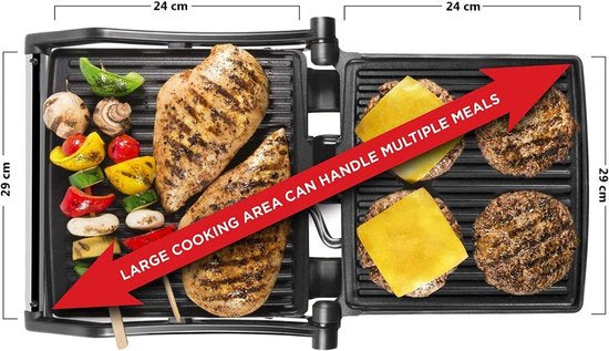 Contact Grill - Panini Grill - Plaque supérieure flottante - Revêtement antiadhésif - 2000W - Température réglable - 30 x 24cm - Zwart/ Inox