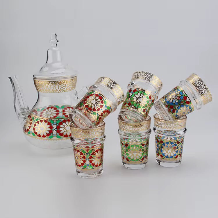 Service à Thé Marocain en Verre – 6 Verres, Théière et Cloche Décorative
