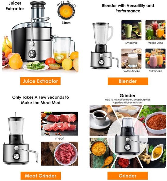 Royalty Line Extracteur de Jus 4 en 1 - Blender / Hachoir / Moulin à Café - Extracteur de Fruits et Légumes - Extracteur de Jus avec Tasse à Jus de 1 Litre et Réservoir de Pulpe de 2 Litres - Power Juicer à 3 Vitesses - 1000W - Multi Juicer - Argent