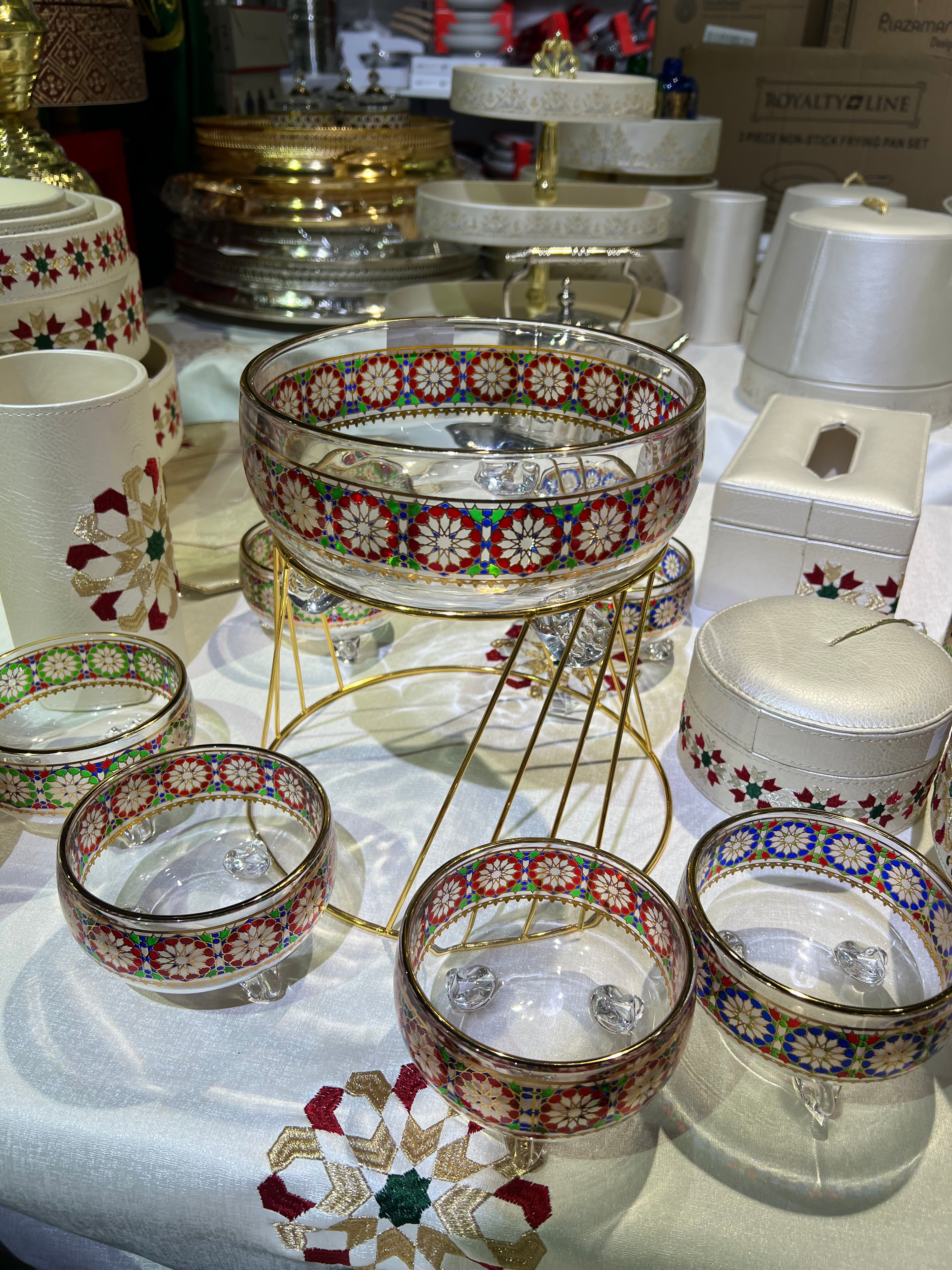 Service à Punch / Soupière / Saladier en Verre Zelija – 7 Pièces Doré