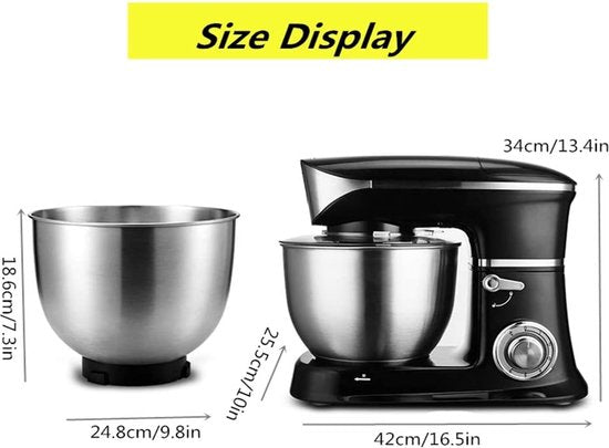 Royalty Line Robot de cuisine - Robot de cuisine - Mixeur avec 6 réglages de vitesse + LED, avec Garde / crochet pétrisseur / batteur et grattoir, avec crédence et bol mélangeur en acier inoxydable 6,5 L - 1900W - Zwart