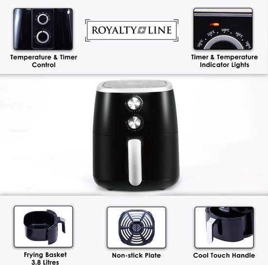 Royalty Line® AF1500 Airfryer XXL - Friteuse à air chaud XXL 5 litres - Airfryers 1500W avec minuterie - 80-200°C - Zwart
