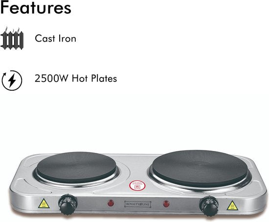 Table de cuisson électrique Royalty Line® HP18204 - Plaques de cuisson de cuisson électriques 2 feux - 1000W + 1500W - Ø155 + 185 mm - Inox
