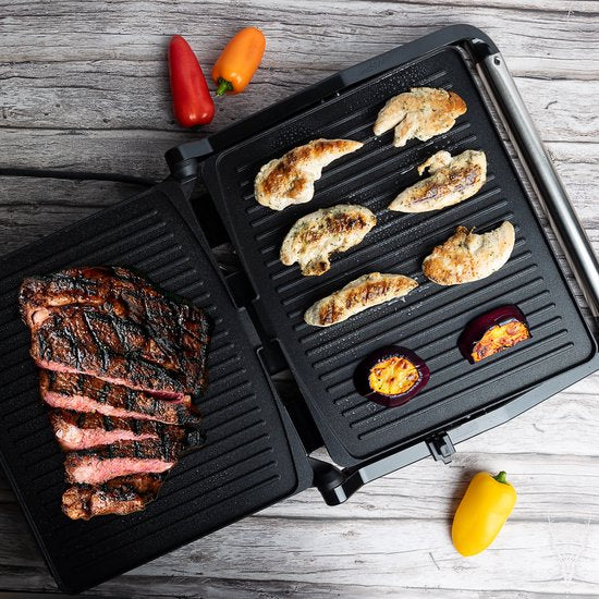 Contact Grill - Panini Grill - Plaque supérieure flottante - Revêtement antiadhésif - 2000W - Température réglable - 30 x 24cm - Zwart/ Inox