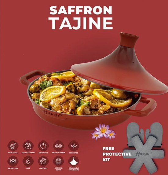 Tajine Saffron 30 cm - Non-stick - PFOA free- Geschikt voor Alle Kookplaten -rood incl. ovenwanten en vilt/ tajine rouge anti adhésif