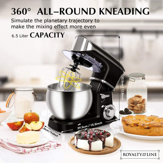 Royalty Line Robot de cuisine - Robot de cuisine - Mixeur avec 6 réglages de vitesse + LED, avec Garde / crochet pétrisseur / batteur et grattoir, avec crédence et bol mélangeur en acier inoxydable 6,5 L - 1900W - Zwart