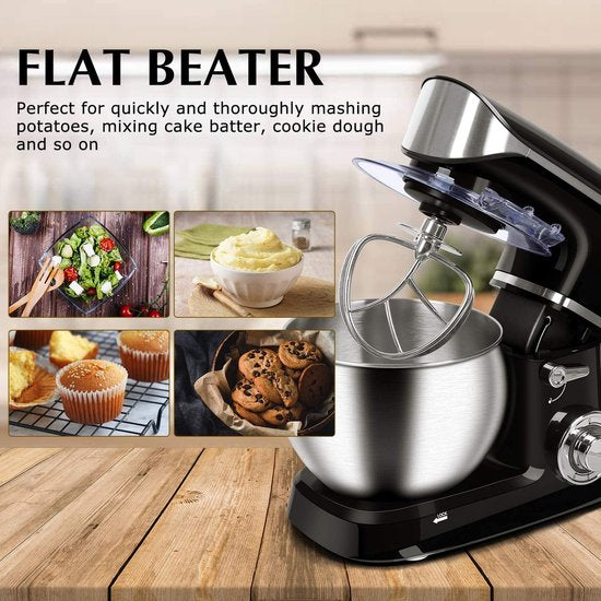 Royalty Line Robot de cuisine - Robot de cuisine - Mixeur avec 6 réglages de vitesse + LED, avec Garde / crochet pétrisseur / batteur et grattoir, avec crédence et bol mélangeur en acier inoxydable 6,5 L - 1900W - Zwart
