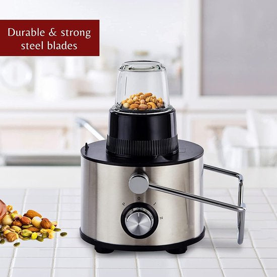 Royalty Line Extracteur de Jus 4 en 1 - Blender / Hachoir / Moulin à Café - Extracteur de Fruits et Légumes - Extracteur de Jus avec Tasse à Jus de 1 Litre et Réservoir de Pulpe de 2 Litres - Power Juicer à 3 Vitesses - 1000W - Multi Juicer - Argent