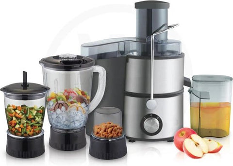 Royalty Line Extracteur de Jus 4 en 1 - Blender / Hachoir / Moulin à Café - Extracteur de Fruits et Légumes - Extracteur de Jus avec Tasse à Jus de 1 Litre et Réservoir de Pulpe de 2 Litres - Power Juicer à 3 Vitesses - 1000W - Multi Juicer - Argent