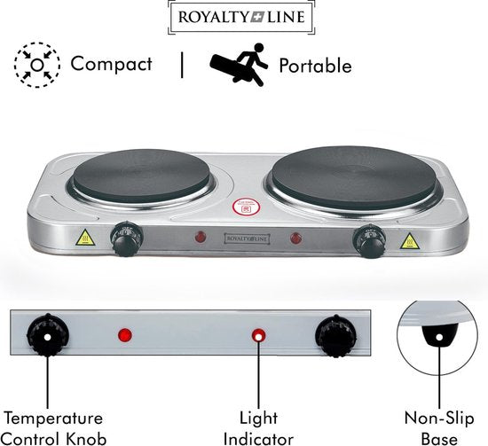 Table de cuisson électrique Royalty Line® HP18204 - Plaques de cuisson de cuisson électriques 2 feux - 1000W + 1500W - Ø155 + 185 mm - Inox