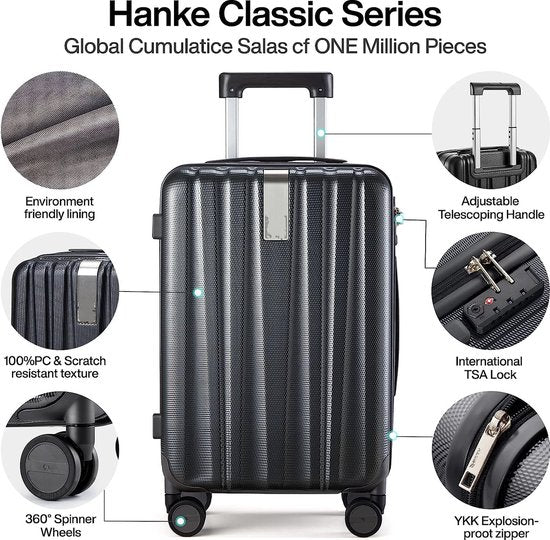 Set de valises de voyage  - 3 pièces - S/ M / L - Ensemble de valises de Luxe - 360° Spinners - Valise de voyage à Roues - Valises de voyage - Bagage à main - 36/67/98 litres - Zwart/ noir