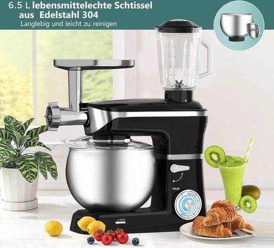 Robot de cuisine multifonctionnel - 3 en 1- Robot de cuisine xxl - Robot de Cuisine 6,5 Litres - Energie électrique 1900w - Zwart PKM-1900.7 B/ pétrin/ Noir / black