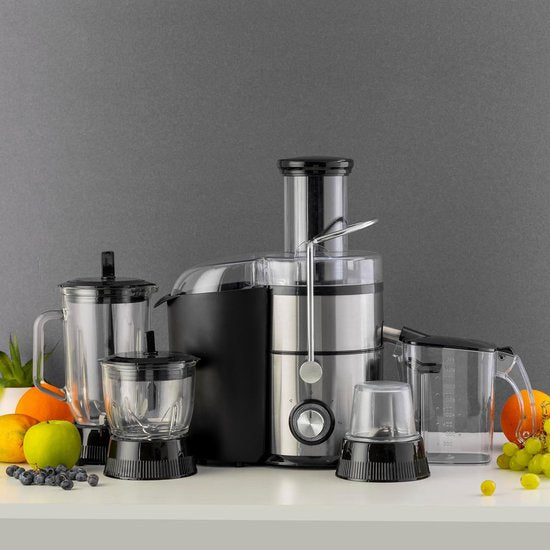 Royalty Line Extracteur de Jus 4 en 1 - Blender / Hachoir / Moulin à Café - Extracteur de Fruits et Légumes - Extracteur de Jus avec Tasse à Jus de 1 Litre et Réservoir de Pulpe de 2 Litres - Power Juicer à 3 Vitesses - 1000W - Multi Juicer - Argent