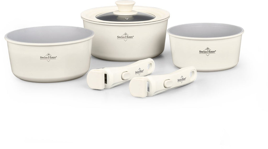 Swiss Haus® GCSP6C – Batterie 3 Casseroles Empilables Poignée Amovible – Sans PFAS – Induction – Crème