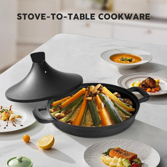 Tajine Saffron 30 cm - Non-stick - PFOA free- Geschikt voor Alle Kookplaten - zwart incl. ovenwanten en vilt/ tajine Noir anti adhésif