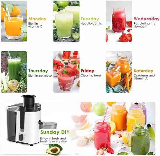 Royalty Line PJ7613 Centrifugeuse lente - Presse-agrumes pour légumes et fruits - Presse-agrumes avec tasse à jus de 600 ml et réservoir de pulpe de 1 litre - 3 vitesses - 450 W - Wit