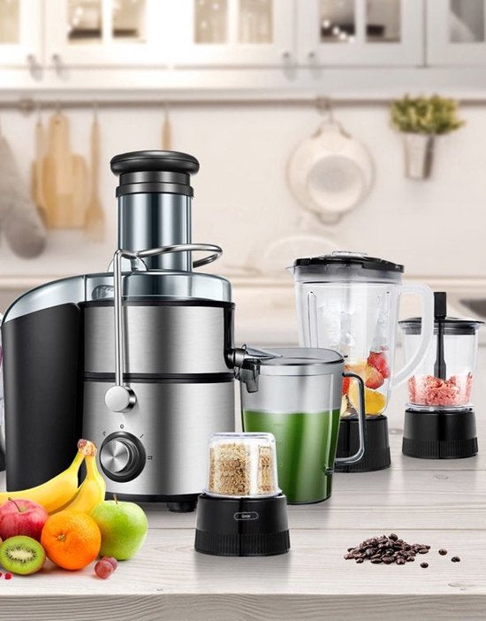 Royalty Line Extracteur de Jus 4 en 1 - Blender / Hachoir / Moulin à Café - Extracteur de Fruits et Légumes - Extracteur de Jus avec Tasse à Jus de 1 Litre et Réservoir de Pulpe de 2 Litres - Power Juicer à 3 Vitesses - 1000W - Multi Juicer - Argent