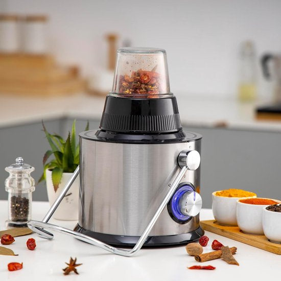 Royalty Line Extracteur de Jus 4 en 1 - Blender / Hachoir / Moulin à Café - Extracteur de Fruits et Légumes - Extracteur de Jus avec Tasse à Jus de 1 Litre et Réservoir de Pulpe de 2 Litres - Power Juicer à 3 Vitesses - 1000W - Multi Juicer - Argent