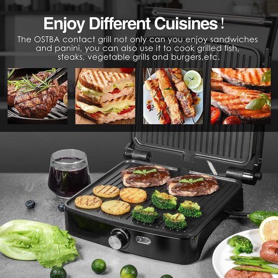 Contact Grill - Panini Grill - Plaque supérieure flottante - Revêtement antiadhésif - 2000W - Température réglable - 30 x 24cm - Zwart/ Inox