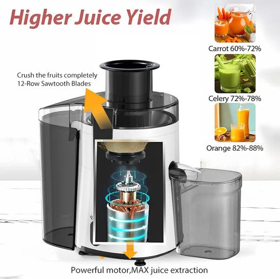 Royalty Line PJ7613 Centrifugeuse lente - Presse-agrumes pour légumes et fruits - Presse-agrumes avec tasse à jus de 600 ml et réservoir de pulpe de 1 litre - 3 vitesses - 450 W - Wit
