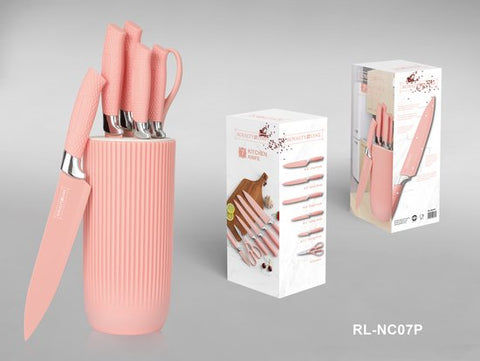 Ensemble de couteaux avec bloc – Ensemble de couteaux de Luxe 7 pièces – Couteau à pain – Couteau de chef – Couteaux à viande et ciseaux avec ouvre-bière – Bloc à couteaux – Revêtement antiadhésif – Rose