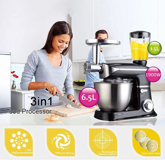 Robot de cuisine multifonctionnel - 3 en 1- Robot de cuisine xxl - Robot de Cuisine 6,5 Litres - Energie électrique 1900w - Zwart PKM-1900.7 B/ pétrin/ Noir / black