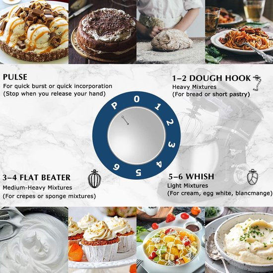 Royalty Line Robot de cuisine - Robot de cuisine - Mixeur avec 6 réglages de vitesse + LED, avec Garde / crochet pétrisseur / batteur et grattoir, avec crédence et bol mélangeur en acier inoxydable 6,5 L - 1900W - Zwart
