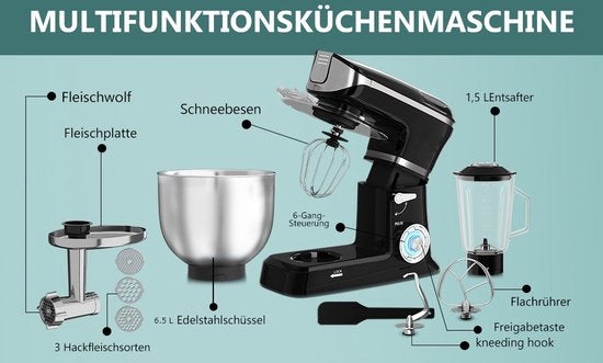 Robot de cuisine multifonctionnel - 3 en 1- Robot de cuisine xxl - Robot de Cuisine 6,5 Litres - Energie électrique 1900w - Zwart PKM-1900.7 B/ pétrin/ Noir / black