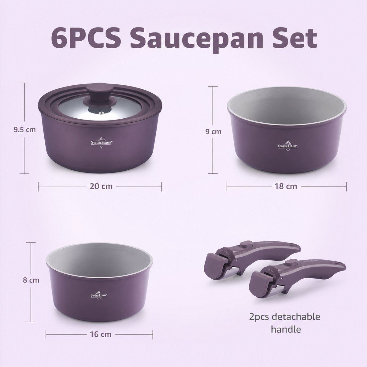 Swiss Haus® GCSP6C – Batterie 3 Casseroles Empilables Poignée Amovible – Sans PFAS – Induction – Crème