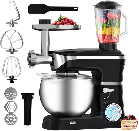 Robot de cuisine multifonctionnel - 3 en 1- Robot de cuisine xxl - Robot de Cuisine 6,5 Litres - Energie électrique 1900w - Zwart PKM-1900.7 B/ pétrin/ Noir / black