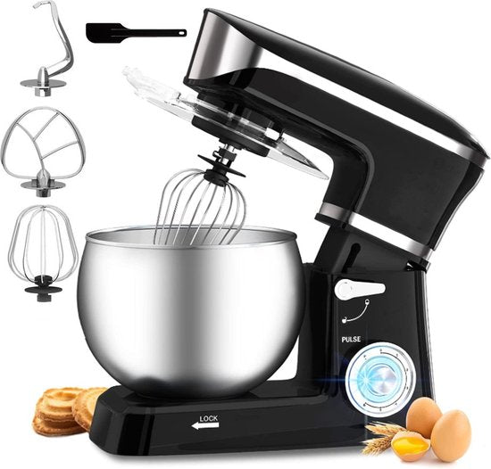 Royalty Line Robot de cuisine - Robot de cuisine - Mixeur avec 6 réglages de vitesse + LED, avec Garde / crochet pétrisseur / batteur et grattoir, avec crédence et bol mélangeur en acier inoxydable 6,5 L - 1900W - Zwart