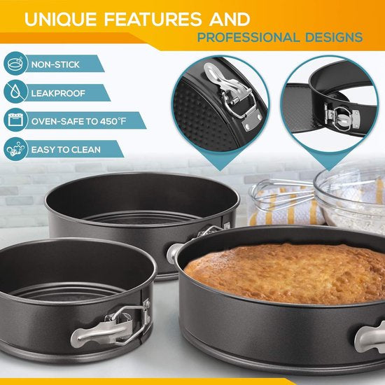 Ensemble de moules à charnière- Set de 3 moules à pâtisserie - Moule à gâteau avec revêtement antiadhésif - Ø24/26/28 cm - Ustensiles de cuisson - Zwart