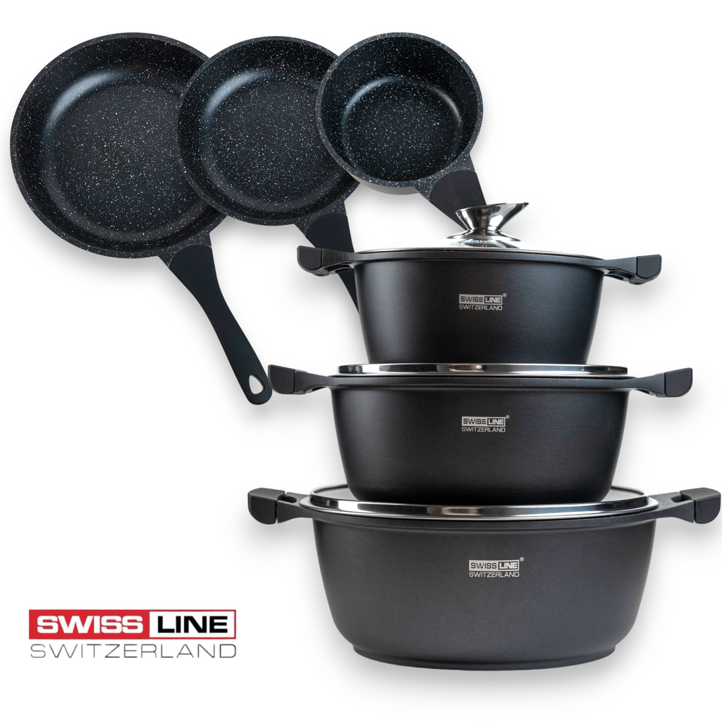 Swiss Line Batterie de cuisine , casseroles, batterie de cuisine 16 pièces avec revêtement en marbre