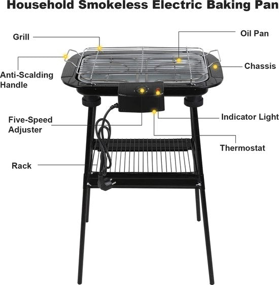 Barbecue électrique - Grill de table - Grill électrique - Surface de grill 40x24 cm - 2000W - Avec support