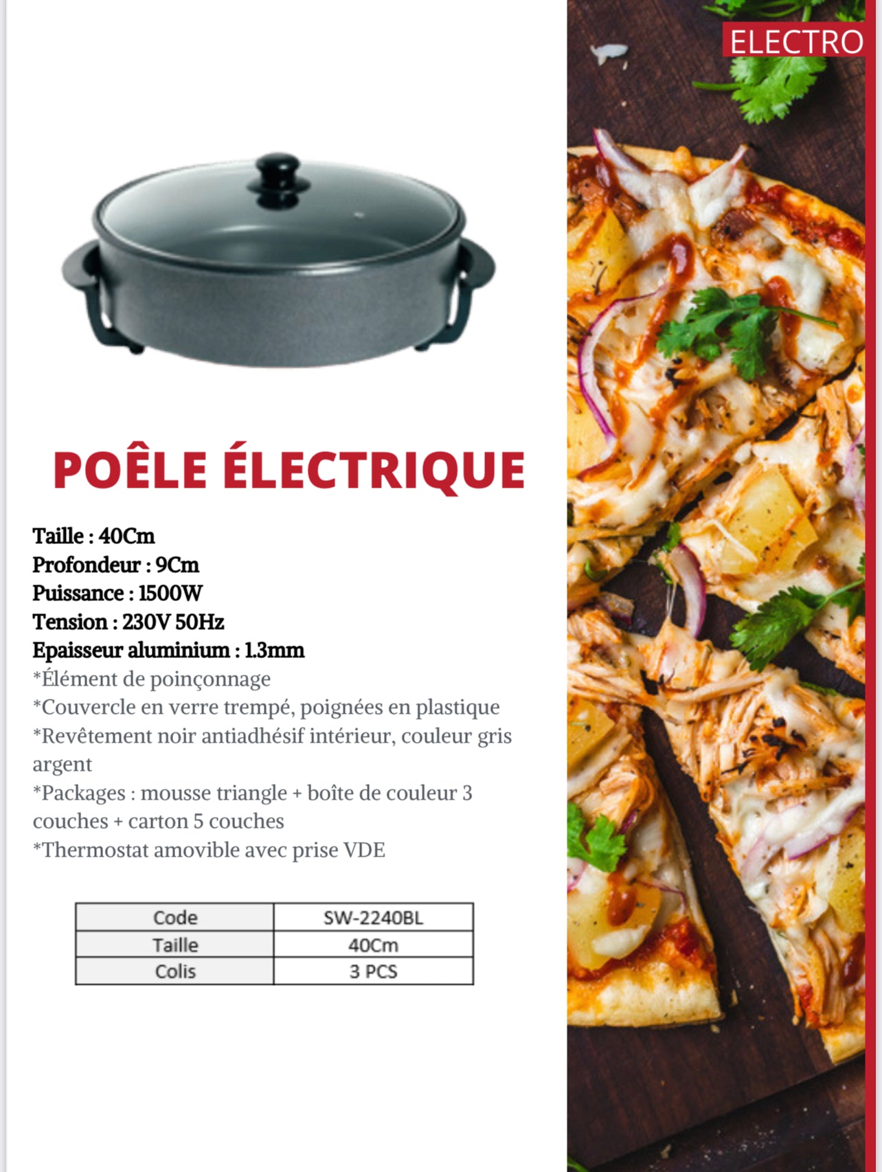 Plaque à pizza électrique 40CM/9 cm
