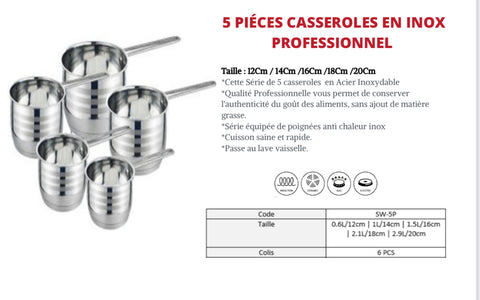 5 PIÉCES CASSEROLES EN INOX PROFESSIONNEL
