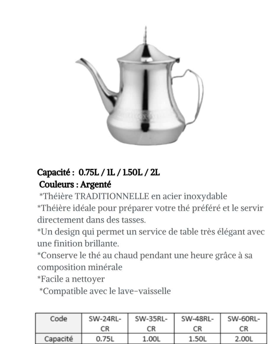 Théière TRADITIONNELLE en acier inoxydable argenté