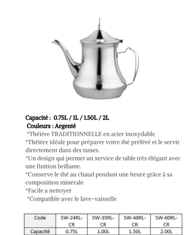 Théière TRADITIONNELLE en acier inoxydable argenté