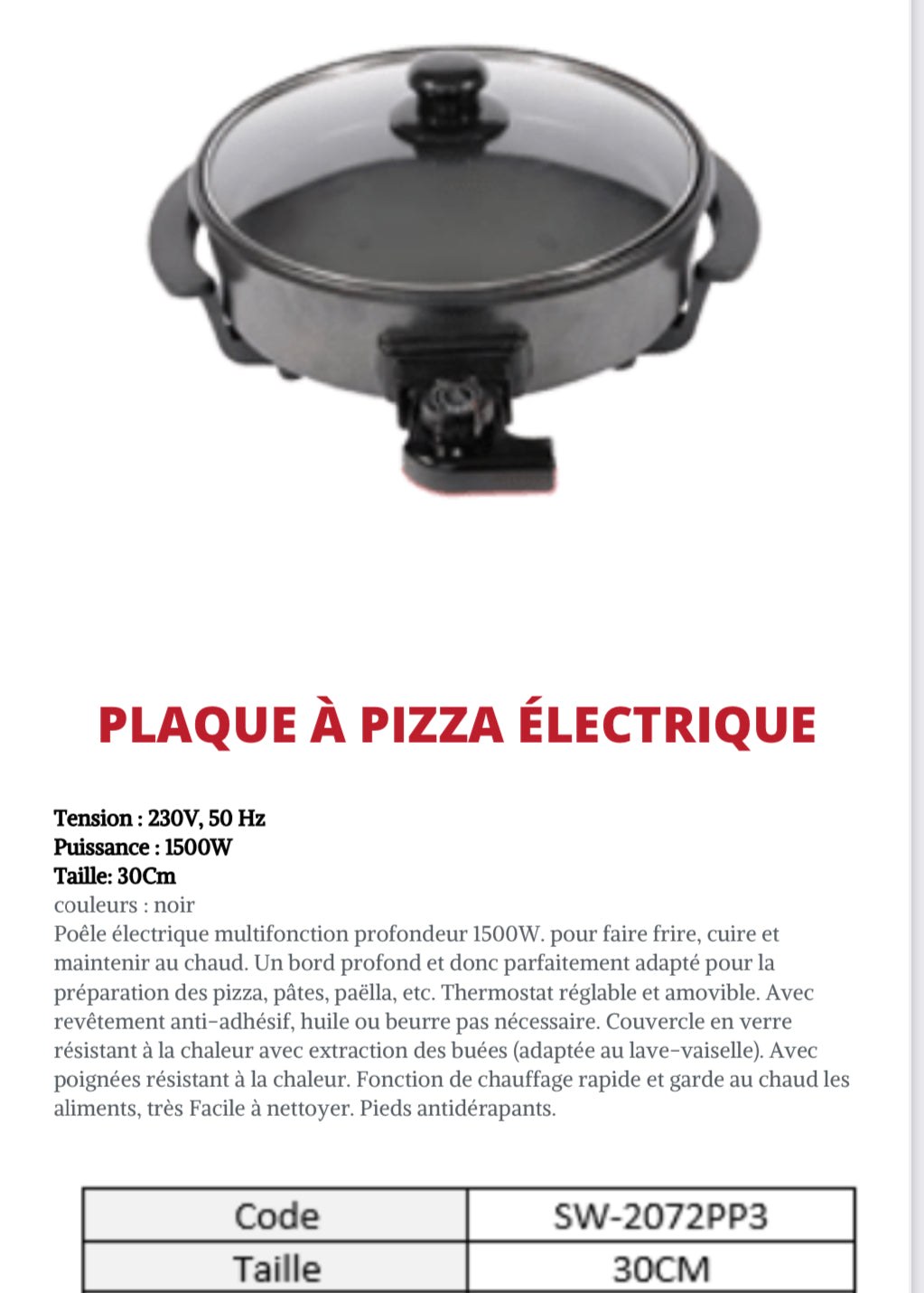 PLAQUE À PIZZA ÉLECTRIQUE 30 cm
